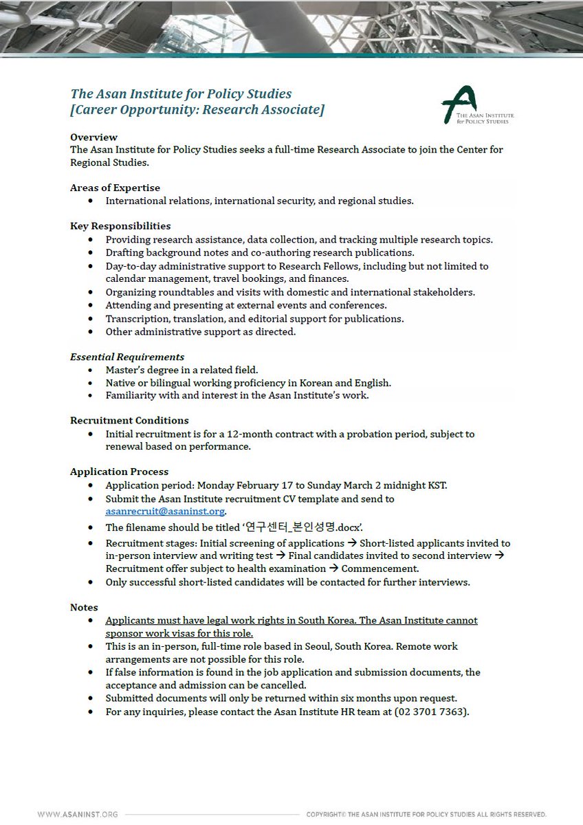 Peter Lee (@pklee27) on Twitter photo HIRING | I am seeking a #researchassociate to join me at <a href="/asaninst/">The Asan Institute</a> in Seoul. You will report directly to me and support my work on Indo-Pacific security, U.S. alliances, and ROK foreign and defense policy. Apply by Sunday February 23 KST. en.asaninst.org/contents/caree… HIRING | I am seeking a #researchassociate to join me at <a href="/asaninst/">The Asan Institute</a> in Seoul. You will report directly to me and support my work on Indo-Pacific security, U.S. alliances, and ROK foreign and defense policy. Apply by Sunday February 23 KST. en.asaninst.org/contents/caree…
