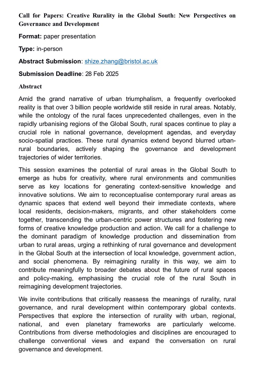 Dr. Eric Xin FRSA FRGS (@ericxin4) on Twitter photo Call for Papers! <a href="/shizezhang98/">Shize Zhang</a> and I organized a session on rural geography of Global South <a href="/RGS_IBG/">Royal Geographical Society (with IBG)</a>
2025 Annual Conference, kindly sponsored by <a href="/RGRG_Rural/">Rural Geography Research Group (RGRG) RGS-IBG</a> .
Abstract submission ddl: 28 Feb 2025.
For details, pls see the cfp below.
We sincerely welcome your contributions! Call for Papers! <a href="/shizezhang98/">Shize Zhang</a> and I organized a session on rural geography of Global South <a href="/RGS_IBG/">Royal Geographical Society (with IBG)</a>
2025 Annual Conference, kindly sponsored by <a href="/RGRG_Rural/">Rural Geography Research Group (RGRG) RGS-IBG</a> .
Abstract submission ddl: 28 Feb 2025.
For details, pls see the cfp below.
We sincerely welcome your contributions!