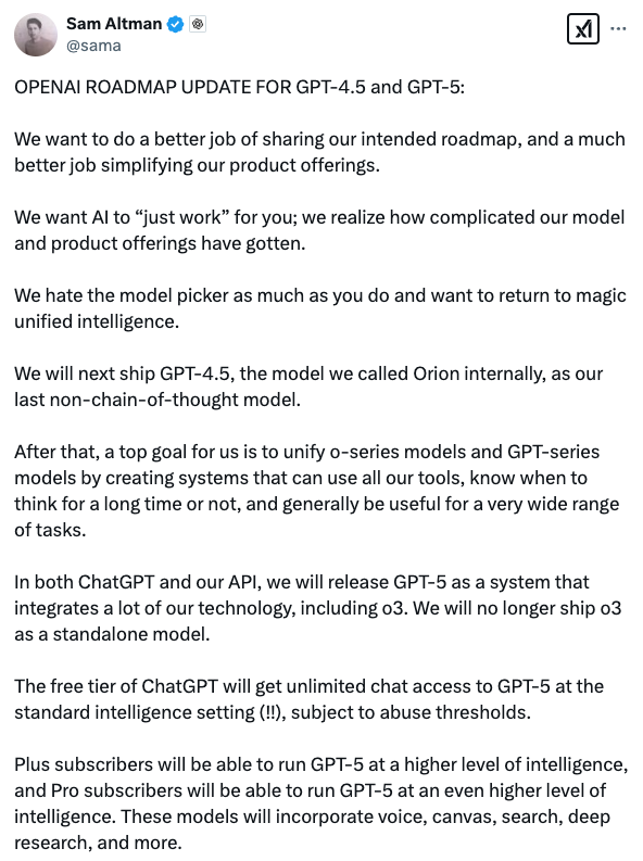 So, it is clear that the direction is to move forward from a simple AI model to an AI system.

Plus, GPT-4.5 will be delivered in weeks, and GPT-5 in months.