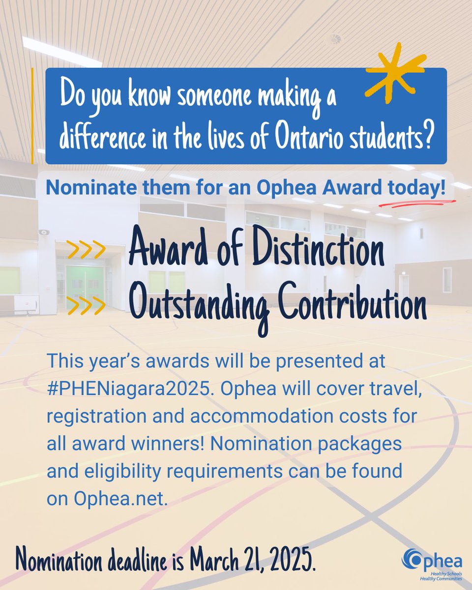 Each year, Ophea recognizes leaders in the field of child and youth health and well-being. Do you know someone making a difference in school communities? Nominate them for an Ophea Award by Mar 21!  

Full eligibility requirements and nomination packages: bit.ly/OpheaAwards