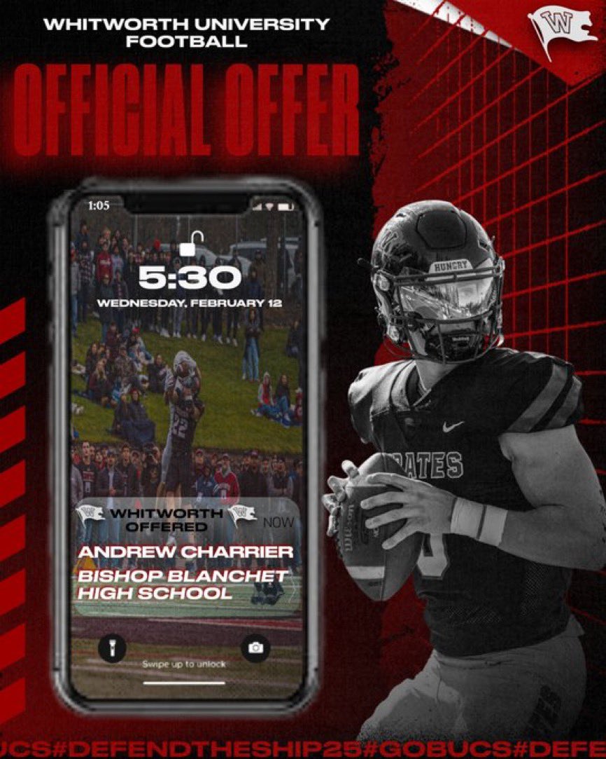 Andrew Charrier (@andrewcharrierr) on Twitter photo After a great call with <a href="/CoachJrodg/">Jake Rodgers</a>, I am excited to announce my third offer from <a href="/WhitworthFB/">Whitworth FB</a>
<a href="/bbhs_football/">Bishop Blanchet Bears FB</a> <a href="/CoachSalle/">Coach Salle</a> After a great call with <a href="/CoachJrodg/">Jake Rodgers</a>, I am excited to announce my third offer from <a href="/WhitworthFB/">Whitworth FB</a>
<a href="/bbhs_football/">Bishop Blanchet Bears FB</a> <a href="/CoachSalle/">Coach Salle</a>