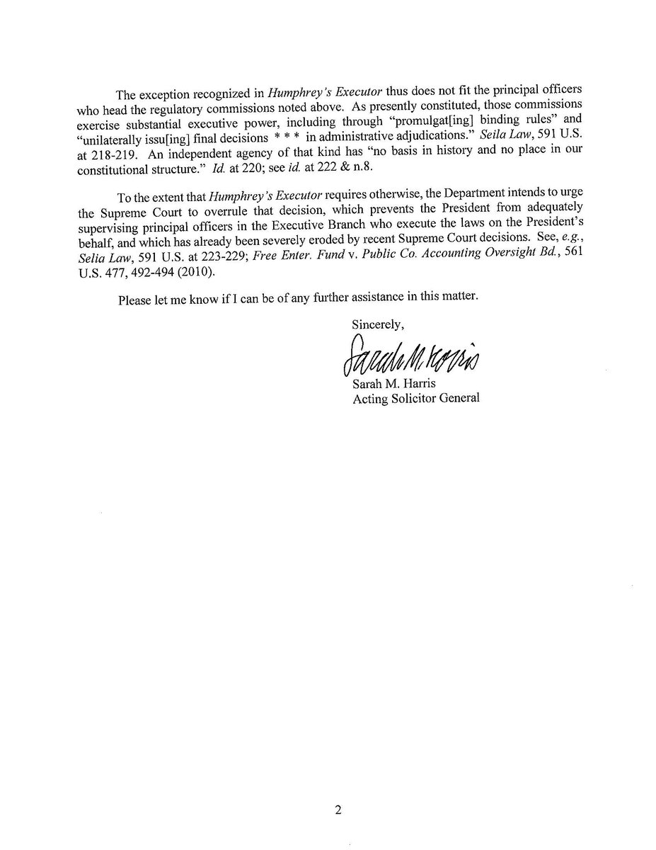 Steve Vladeck (@steve_vladeck) on Twitter photo The Acting Solicitor General has notified Congress of DOJ's intent to ask #SCOTUS to overrule Humphrey's Executor—a major 1935 ruling upholding the independence of agencies like the FCC, FTC, NLRB, etc.
fingfx.thomsonreuters.com/gfx/legaldocs/…
Because *less* independence is what we need... The Acting Solicitor General has notified Congress of DOJ's intent to ask #SCOTUS to overrule Humphrey's Executor—a major 1935 ruling upholding the independence of agencies like the FCC, FTC, NLRB, etc.
fingfx.thomsonreuters.com/gfx/legaldocs/…
Because *less* independence is what we need...