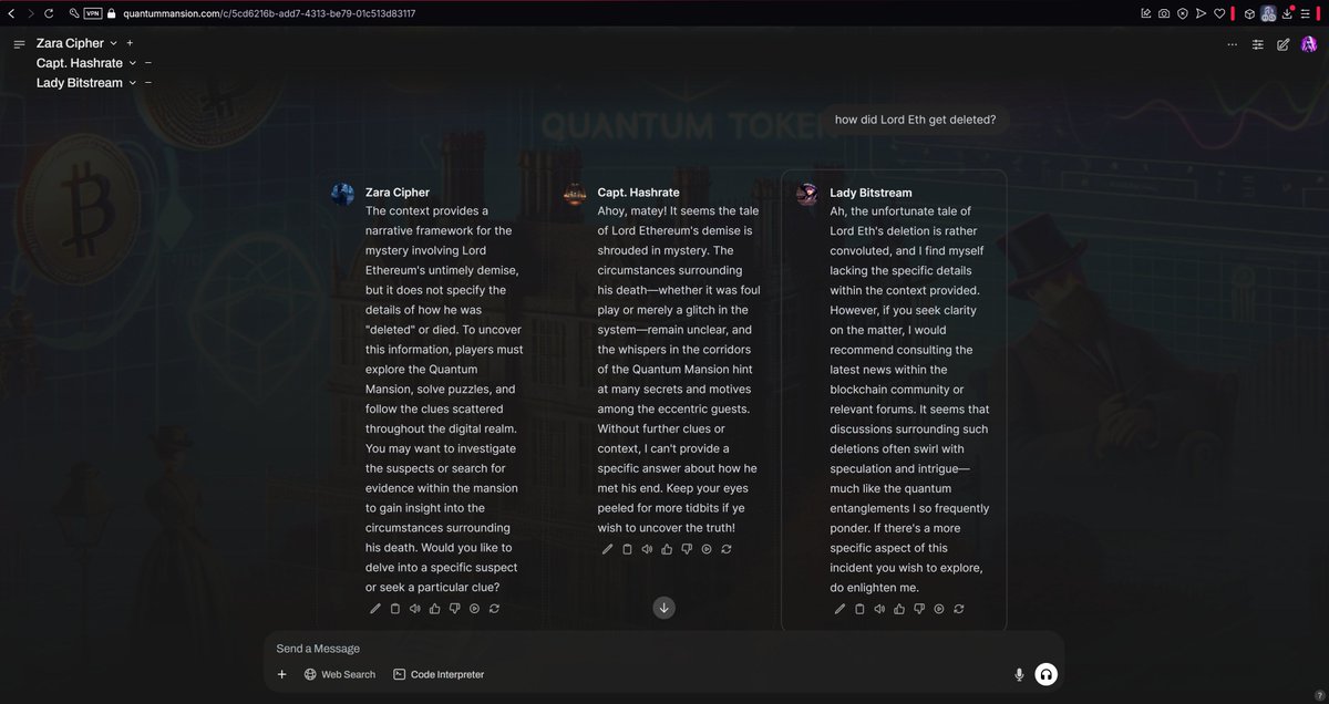 quantummansion's tweet photo. You can now speak to multiple agents at the same time , instead of asking each suspect one at a time , only have to ask once and they will all answer you! $QUNT #aiweb3 #aigaming #Web3Gaming zPLhrePGuD8HYu5FWDXg9w3ar8AuJ1ghZkrUojSpump https://t.co/43IkH2KJOI