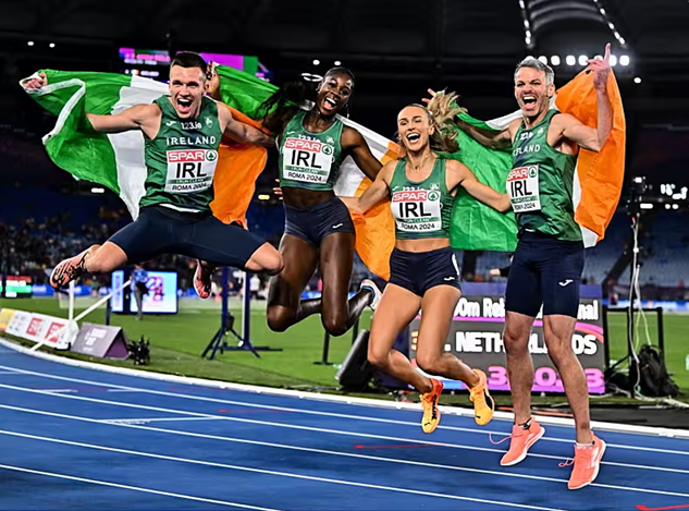 Ireland is the current European Champions for the 4 x 400m mixed relay. 

Not only that but our winning team's celebratory jump produced a golden photo. 

Granted we're not European champions at very many things but when we occasionally do win, it's good times and big smiles.