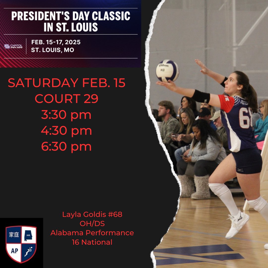 NIKE PRESIDENT’S DAY CLASSIC!! Come see me on Court 29🏐🔥
🗓️ February 15-17
📍St Louis, MO

#alabamaperformance
 #16national