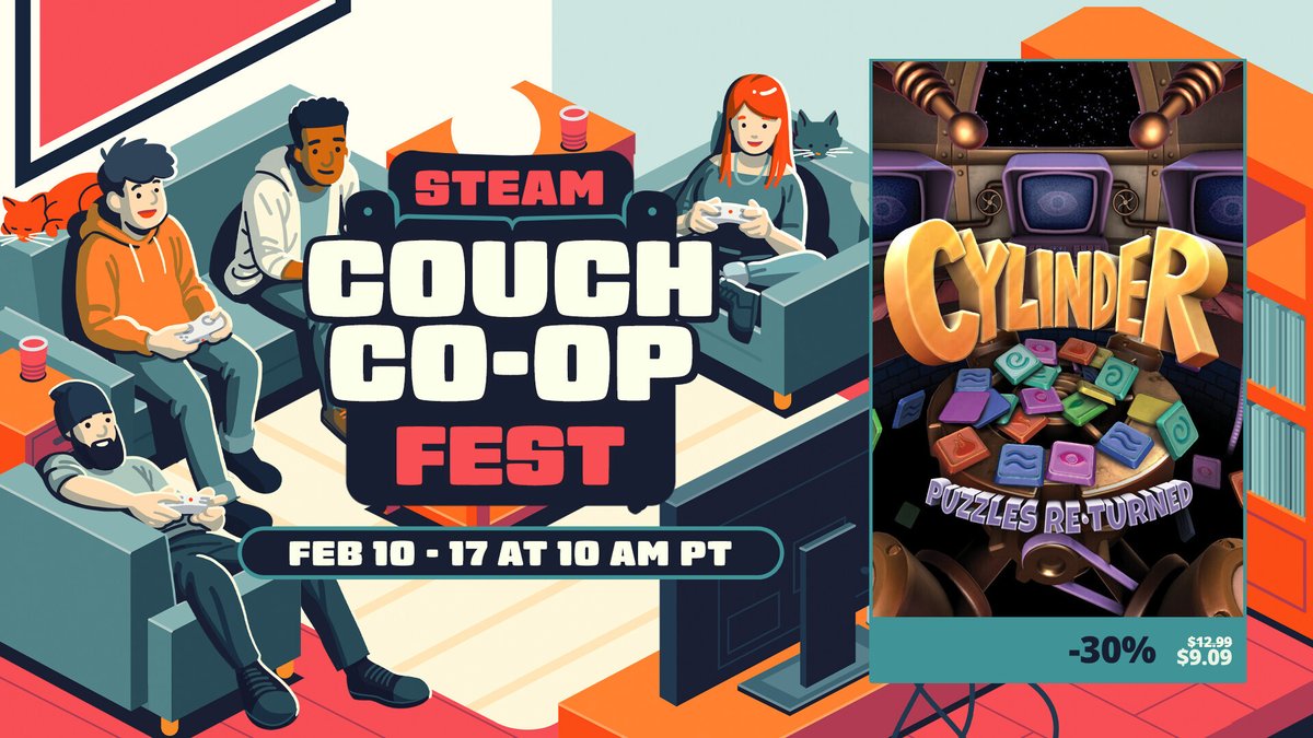 We are excited to be in Steam's Couch Co-Op Sale event this week! From Feb 10-17 you can grab Cylinder: Puzzles Returned for 30% off!  You can also check out the demo which features full multiplayer and remote play!
store.steampowered.com/app/2357410/Cy…