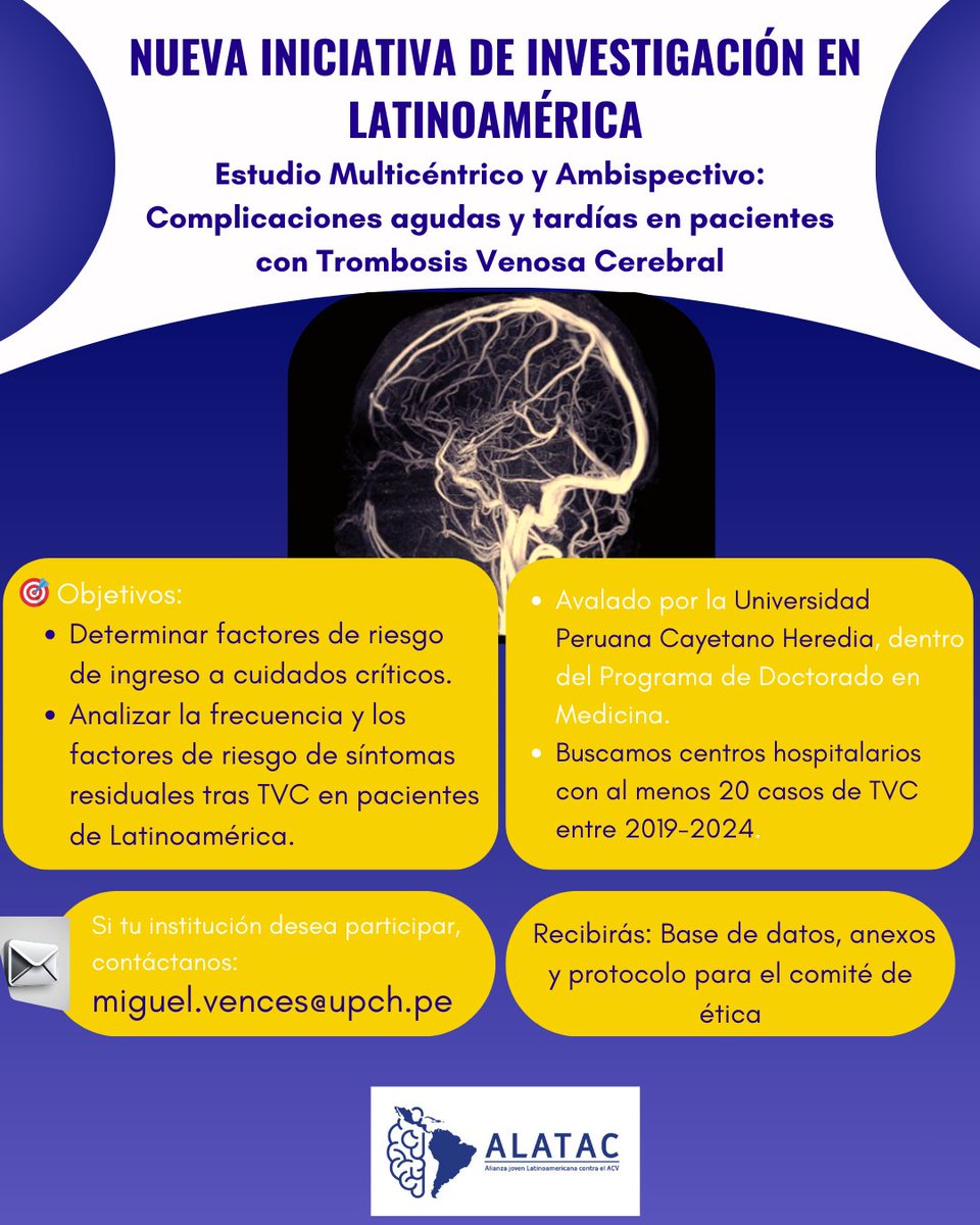 Alianza Joven Latinoamericana contra el ACV (@alatacv) on Twitter photo 🌟Invitamos a nueva investigación en Latam sobre TVC
🧠Multicéntrico sobre complicaciones y factores de riesgo
🔎Buscamos🏥con ≥20 casos (2019-24)
🎯
✅ FR de ingreso a UCI
✅ Síntomas residuales post-TVC
🎓 Avalado por <a href="/CayetanoHeredia/">Universidad Peruana Cayetano Heredia</a>
📢 miguel.vences@upch.pe
🫵¡Súmate! 🌟Invitamos a nueva investigación en Latam sobre TVC
🧠Multicéntrico sobre complicaciones y factores de riesgo
🔎Buscamos🏥con ≥20 casos (2019-24)
🎯
✅ FR de ingreso a UCI
✅ Síntomas residuales post-TVC
🎓 Avalado por <a href="/CayetanoHeredia/">Universidad Peruana Cayetano Heredia</a>
📢 miguel.vences@upch.pe
🫵¡Súmate!