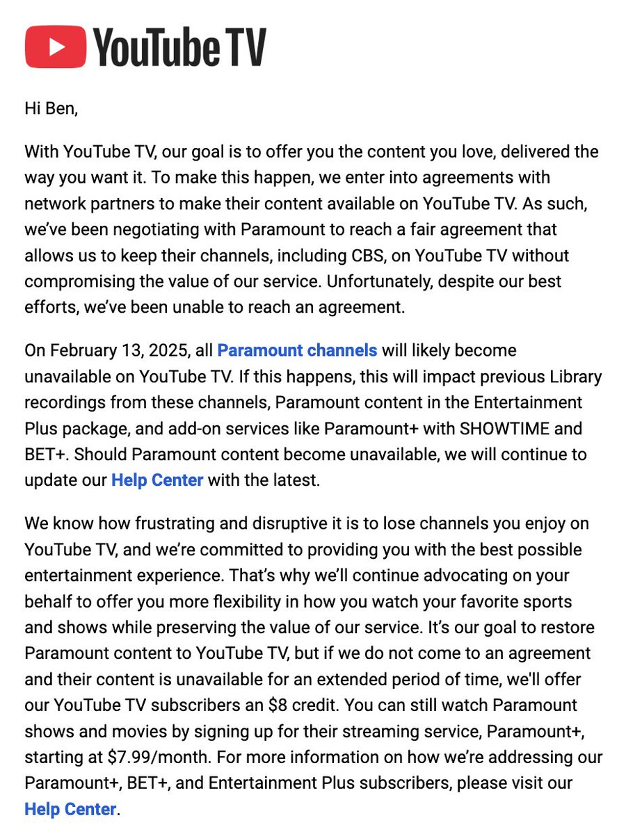 bcschneider53's tweet photo. A month after jacking up their monthly subscription price by $10, they're set to remove 24 channels and only offer subscribers an $8 credit in return.

This is a joke, @YouTubeTV. https://t.co/ArgfFZo1LO