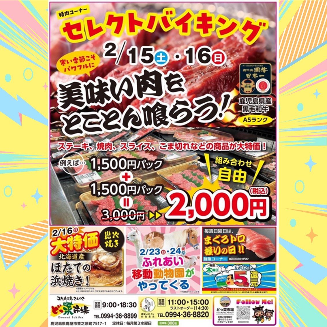 📢どっ菜市場よりお知らせです🎶

２月１５日（土）・１６日（日）は、精肉コーナーでセレクトバイキングを開催します🐃
美味しい鹿児島黒牛をお得にゲットするチャンス❣
焼肉・すき焼き・しゃぶしゃぶ など何をして食べるか迷いますね😋💭

今週末もどっ菜市場で皆様のご来店お待ちしております✨