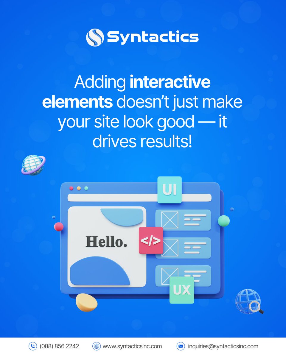 syntacticsinc's tweet image. Make your website stand out with interactive elements! 🚀 Sliders, quizzes, videos & live chat create a dynamic, results-driven experience. Don’t settle for static—engage & convert!
Get started today: bit.ly/2QIWsDl
#InteractiveWebDesign #WebDesign #WebsiteOptimization