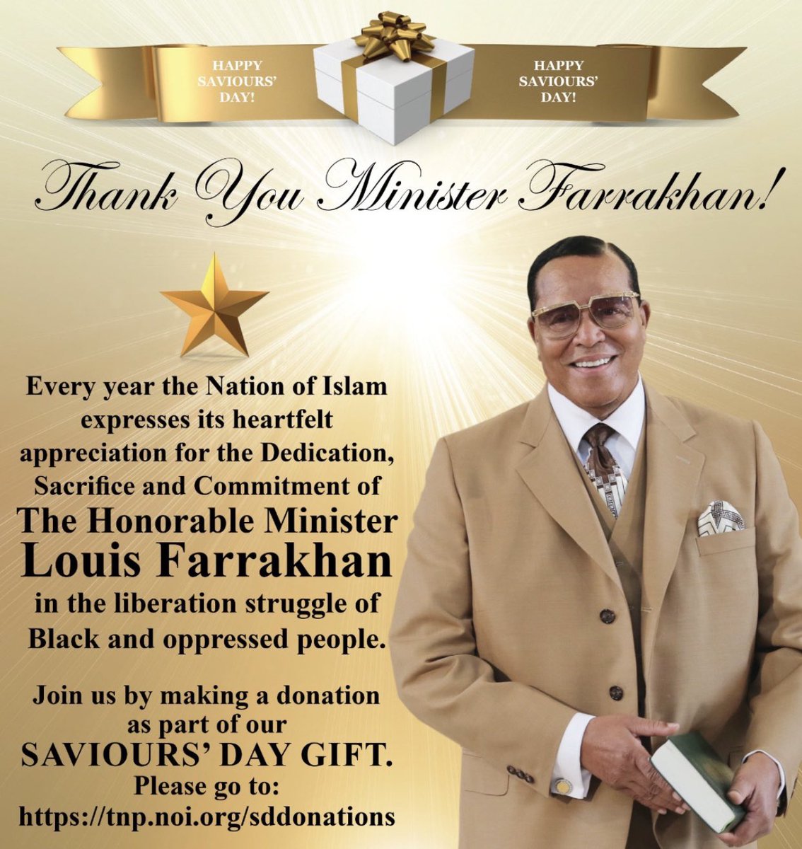 70 Years of Service: A Gift of Gratitude to The Honorable Minister <a href="/LouisFarrakhan/">THE HONORABLE MINISTER LOUIS FARRAKHAN</a>!

Donate to the Saviours’ Day Gift tnp.noi.org/sddonations?id…

#SDHomecoming2025 #Farrakhan #SD2025