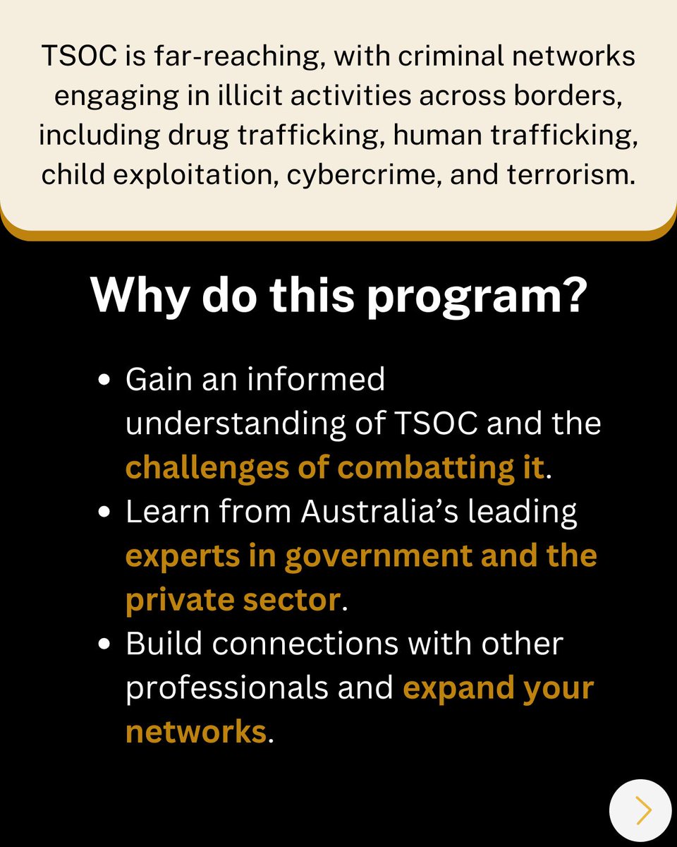 NSC_ANU's tweet photo. 🔍 Are you interested in learning more about transnational, serious and organised #crime and its impact on Australia’s national #security?
🧠 Whether you're new to the field or looking to deepen your knowledge, our #TSOC program will help you better understand the current #threat environment and the importance of partnerships.
🖊️ Who should enrol?
Perfect those working in #law enforcement, intelligence, #cyber security, vetting, #finance, oversight and #policy making.
📅 3–4 March
📍 Melbourne
Enrol now ⤵️
https://t.co/Vgzq2AWw84
