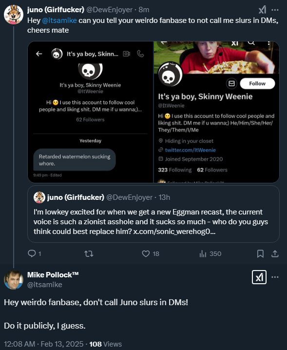cardboredaf's tweet photo. - Calling genocide victims collateral damage
- Encouraging fans to send slurs to a minor
- Weird behavior around other minors
- Making fun of the death of Deem Bristow, the previous Eggman VA

Not even Dr. Eggman stoops this low. What the fuck. #RecastEggman https://t.co/KP7PKdpr3G