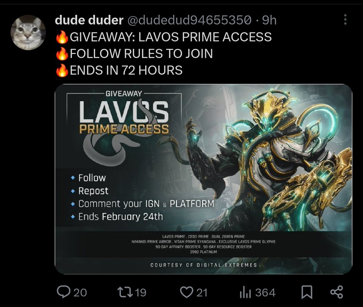 rikenz15's tweet photo. 🔴Attention
This person is using my image to scam people. @dudedud94655350 is not an official warframe creator, please to verify the giveaways are legit by checking the list of creators on https://t.co/EGKiR1Xmlt
Don't let yourself get scammed by these people! https://t.co/Zd25KFTAN4