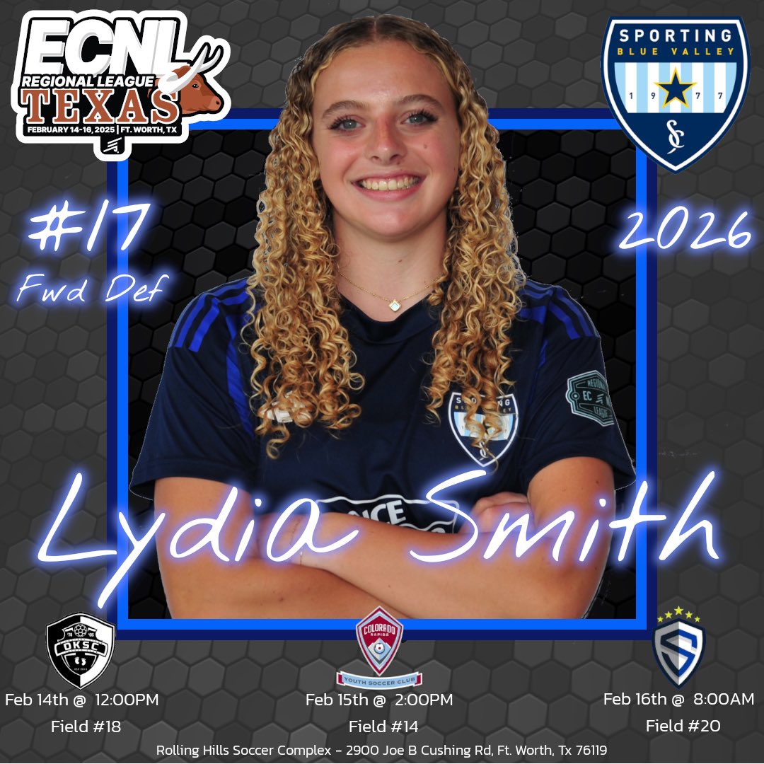 College coaches, I’ll be in Texas this weekend for the ECNL-RL Showcase in Ft Worth.   
2/14 @ 12:00 #18
2/15 @ 2:00 # 14
2/16 @ 8:00 #20

Looking forward to see you at the fields.  

<a href="/sbv_ecnl_rl_07/">SBV ECNL-RL 07/08</a> <a href="/PrepSoccer/">Prep Soccer ⚽️</a> <a href="/TopDrawerSoccer/">TopDrawerSoccer</a> <a href="/TheSoccerWire/">SoccerWire</a> 
<a href="/SPORTINGBV/">SPORTING Blue Valley</a> <a href="/ECNLgirls/">ECNL Girls</a>