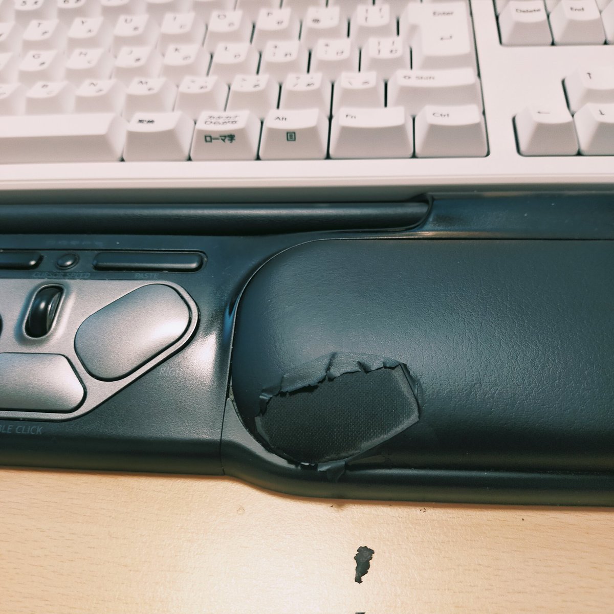 ローラーバーマウスのパームレストがこのようになりました。

机の上や下に、剥がれた破片がポロポロと落ちます。