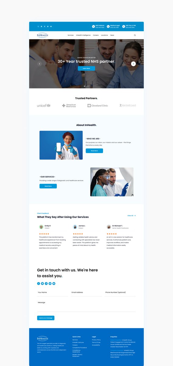 PAULTIMILEHIN1's tweet image. Redesigned InHealth’s Website landing page for better engagement! 🚀

✅ Added testimonials for trust
✅ Quick &amp;amp; easy &apos;Get in Touch&apos; feature
✅ Modern, user-friendly layout

@InHealthGroup 

Your thought?

Check out the new design! 👇 

#UIDesign #UXDesign #WebRedesign #Health