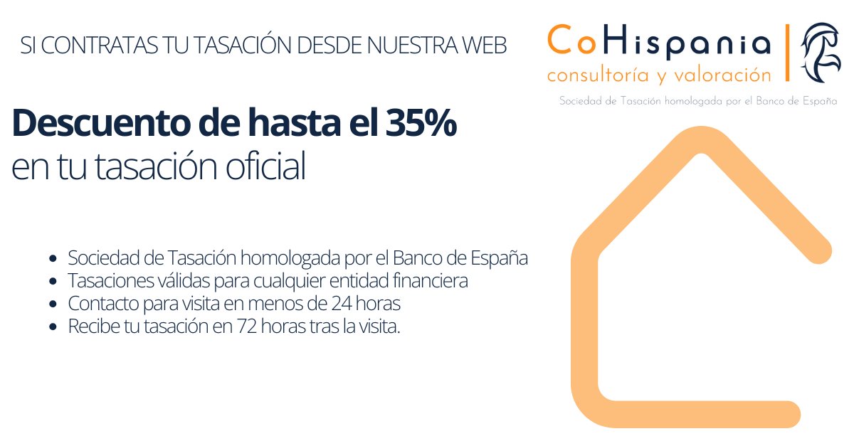 🏡 ¿Estás buscando nueva casa? La tasación de la #vivienda va a ser de los primeros pasos a seguir para estrenar casa. En CoHispania te ofrecemos hasta un 35% de descuento en tu #tasación oficial cohispania.com