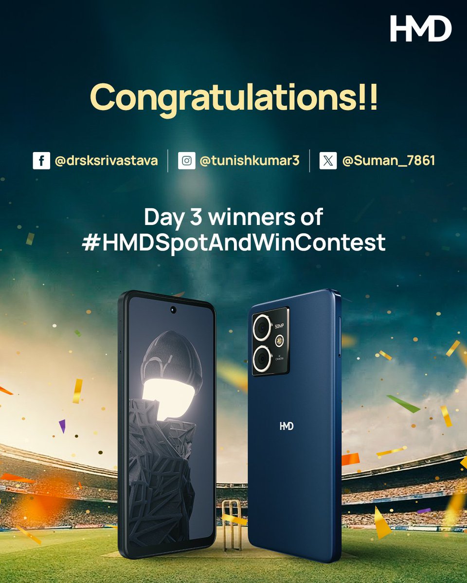 HMDdevicesIN's tweet image. 🏆 We have our final three winners for #INDvsENG ODI Match 3! 🏆 

Spotted the ad, snapped the shot, and won HMD smartphones! 

@Suman_7861

#HMDSpotAndWinContest #HMDCrest #HMDFusion #HMD #ContestWinner