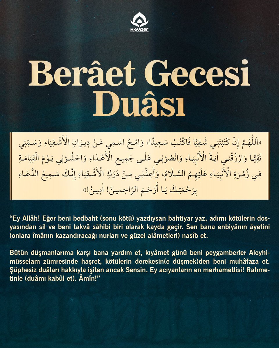 📌 Berâet Gecesi Duâsı

Berâet Gecesi’nde bu duânın tekrar tekrar okunması faziletli görülmüştür.

#BeratKandili