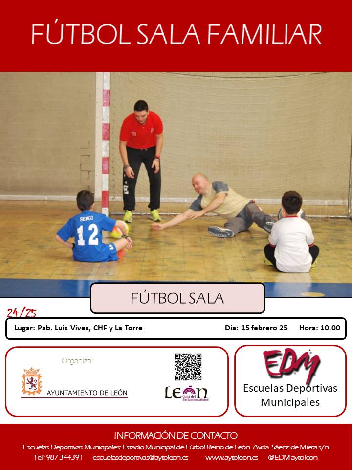 las Escuelas Deportivas Municipales del Ayuntamiento de León, va a organizar el evento:

“FÚTBOL SALA FAMILIAR”
Día: 15 de febrero de 2025
Horario: 10:00 horas
Lugar: Pabellones de Luis Vives, CHF y La Torre
<a href="/LeonAyto/">Ayuntamiento de León</a> , #leonesp , #EDMLeon , #aytoleon ,
<a href="/EDM_aytoleon/">EDM-León</a>