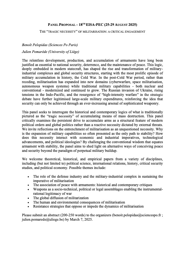 Pomarède Julien (@pomaredej) on Twitter photo With Benoît Pelopidas <a href="/NKnowledges/">Nuclear Knowledges</a> , we are organising a panel on militarisation for the next EISA convention in Bologna (25-29 August). Deadline to submit the abstract 7 March! Please share! #EISAPEC25 <a href="/europeanisa/">EISA</a> <a href="/HoijtinkMarijn/">Marijn Hoijtink</a> With Benoît Pelopidas <a href="/NKnowledges/">Nuclear Knowledges</a> , we are organising a panel on militarisation for the next EISA convention in Bologna (25-29 August). Deadline to submit the abstract 7 March! Please share! #EISAPEC25 <a href="/europeanisa/">EISA</a> <a href="/HoijtinkMarijn/">Marijn Hoijtink</a>