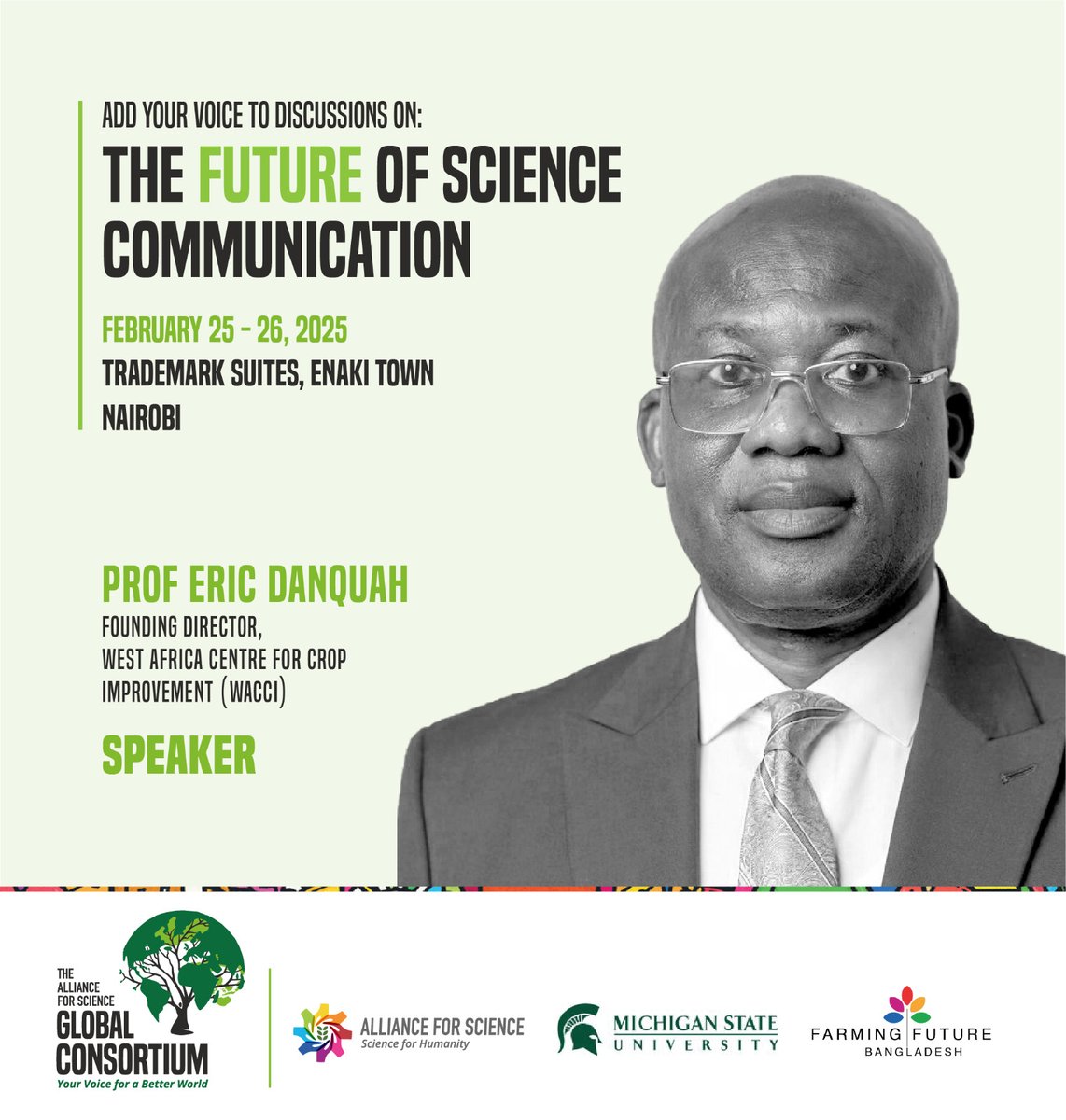 Alliance for Science (@scienceally) on Twitter photo Join Prof. <a href="/EY_Danquah/">Eric Danquah</a>, Founding Director of <a href="/wacci_gh/">WACCI</a>, as he takes the stage to share insights on advancing science and innovation! 🧬Be part of thought-provoking discussions shaping the future of global science communication. #FutureOfScienceCommunication <a href="/SheilaAfrica/">Dr. Sheila Obim (formerly Ochugboju)</a> Join Prof. <a href="/EY_Danquah/">Eric Danquah</a>, Founding Director of <a href="/wacci_gh/">WACCI</a>, as he takes the stage to share insights on advancing science and innovation! 🧬Be part of thought-provoking discussions shaping the future of global science communication. #FutureOfScienceCommunication <a href="/SheilaAfrica/">Dr. Sheila Obim (formerly Ochugboju)</a>