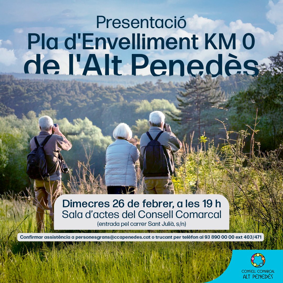 Consell Comarcal Alt Penedès (@ccaltpenedes) on Twitter photo 🧓📜 Presentació del Pla d'Envelliment KM 0 de l'Alt Penedès
📅Dimecres 26 de febrer, a les 19 h.📍Sala d'actes del Consell Comarcal (entrada pel carrer Sant Julià, s/n)
📢Cal confirmar assistència a personesgrans@ccapenedes.cat o trucant per telèfon al 93 890 00 00 ext 403/471 🧓📜 Presentació del Pla d'Envelliment KM 0 de l'Alt Penedès
📅Dimecres 26 de febrer, a les 19 h.📍Sala d'actes del Consell Comarcal (entrada pel carrer Sant Julià, s/n)
📢Cal confirmar assistència a personesgrans@ccapenedes.cat o trucant per telèfon al 93 890 00 00 ext 403/471