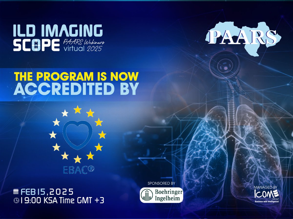 The program is now Accredited by the European Board for Accreditation of Continuing Education for Health Professionals (EBAC)
PAARS Webinars 2025 – ILD Imaging Scope
Session: "HRCT Unveiled: Radiologists' Role in ILD Diagnosis"
Register Now: bit.ly/414fU2g

#radiology