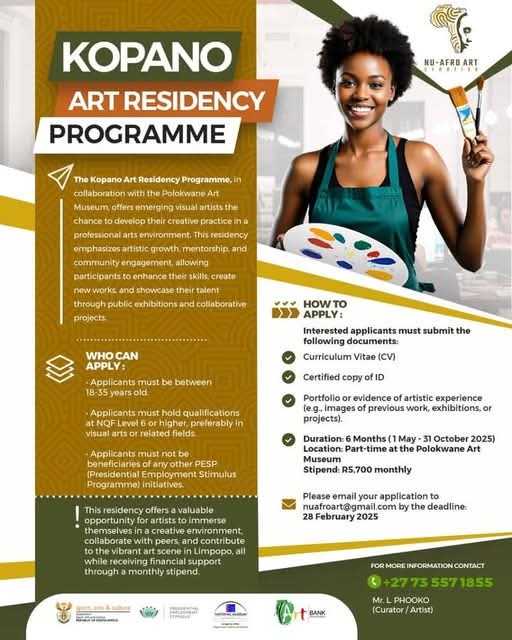 SportArtsCultur's tweet photo. 🔌Internship Available @artbankSA 
Internship Programme Requirements:
- Holders of a diploma or degree at NQF6 level or higher, preferably in the visual arts sector
- Not currently benefiting from the PESP 5 programme
- Between 18-35 years old

* Internship & Incubator - Arts Administrators 
To Apply:
Email your Photography Portfolio, CV & proposed project idea to info@contemporaryarchiveproject.com
KwaZulu-Natal based is preferable
Closing Date: 25 February 2025

* Kopano Arts Residency Programme
To Apply:
Email your CV, certified ID copy, portfolio to nuafro@gmail.com
Closing date 28 February 2025

#InspiringANationOfWinners #DSACAgency