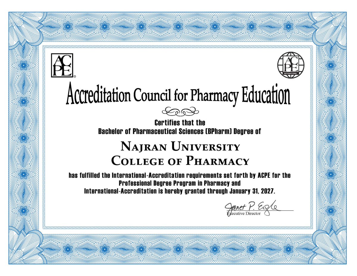 حصل برنامج بكالوريوس العلوم الصيدلية بكلية الصيدلة بـ #جامعة_نجران على الاعتماد الدولي من مجلس الاعتماد الأمريكي للتعليم الصيدلي (ACPE)، وذلك بعد تحقيقه للمعايير الدولية في جودة مخرجات التعليم الصيدلي.