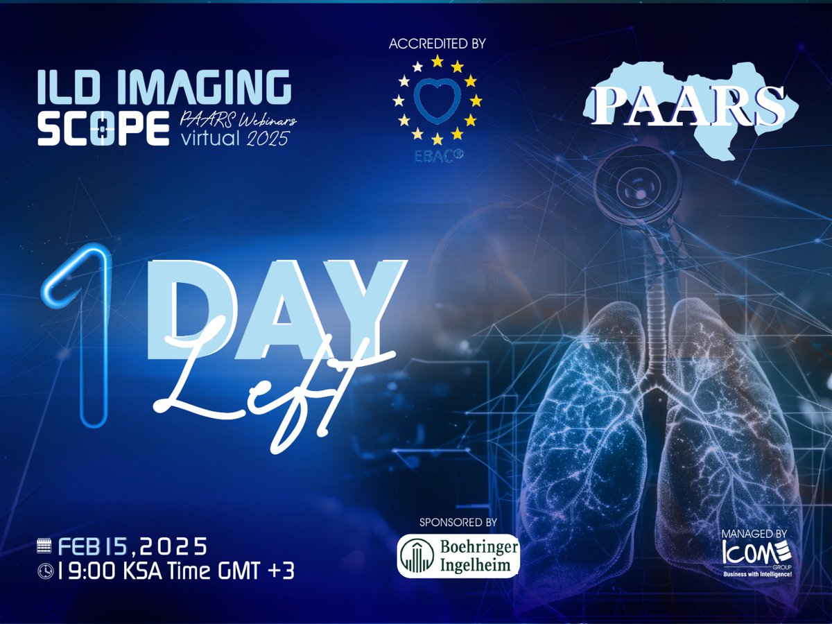 1 DAY LEFT TO REGISTER!
Program Accredited – EBAC
PAARS Webinars 2025 – ILD Imaging Scope
Session: "HRCT Unveiled: Radiologists' Role in ILD Diagnosis"
📅15th February 2025
⏱19:00 - 20:20 KSA Time (GMT+3)
Register now &amp; secure your spot: bit.ly/414fU2g

#radiology