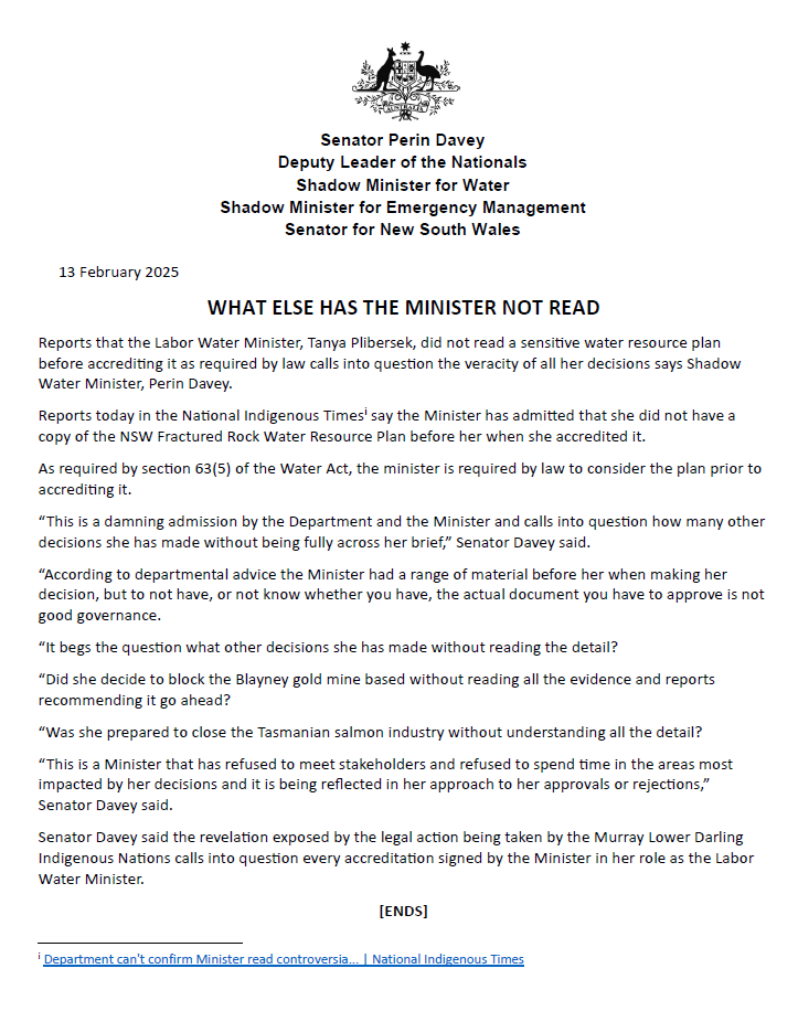 Senator Perin Davey (@perindavey) on Twitter photo Reports that the Labor Water Minister, Tanya Plibersek, did not read a sensitive water resource plan before accrediting it as required by law calls into question the veracity of all her decisions. shorturl.at/NIX68 Reports that the Labor Water Minister, Tanya Plibersek, did not read a sensitive water resource plan before accrediting it as required by law calls into question the veracity of all her decisions. shorturl.at/NIX68