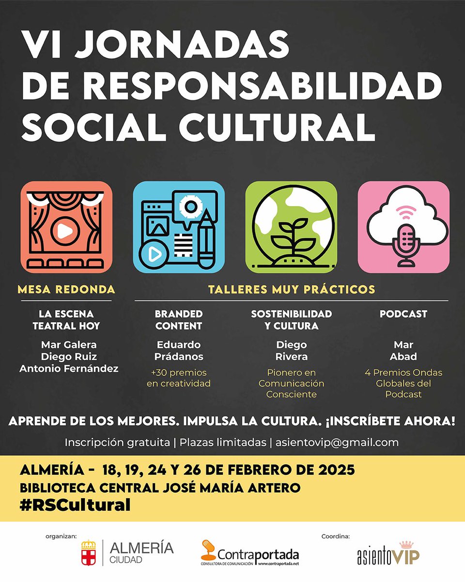 Las VI Jornadas de #RSCultural serán muy potentes: mesa redonda de #teatro y talleres sobre #brandedcontent #sostenibilidad y #podcast, impartidos por los mejores en cada tema.

🎟️ Inscripción gratuita: asientovip@gmail.com

<a href="/Culturalmeria/">Almería Cultura</a>