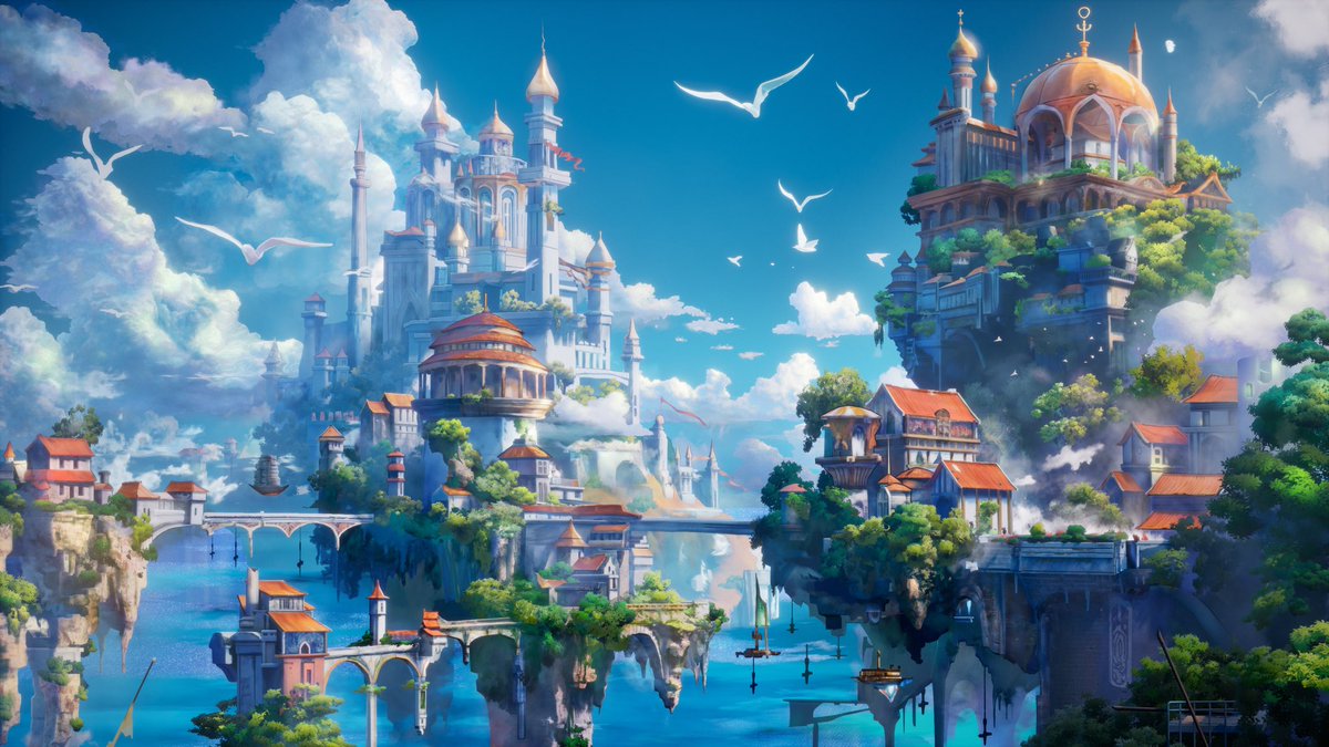 yuyo_syouka's tweet photo. 『SKY LAND』  
ファンタジ風景の模写作品です。
AI生成画像を模写元で、メッシュでイラスト感を表現してみた、特に空には色んな試行錯誤をして、何とか完成できました。

#CGブラッシュアップクラス 
#クリエイティブアカデミー
#MAYA 
#UE5
#3DCG https://t.co/jD0HYMRCPj