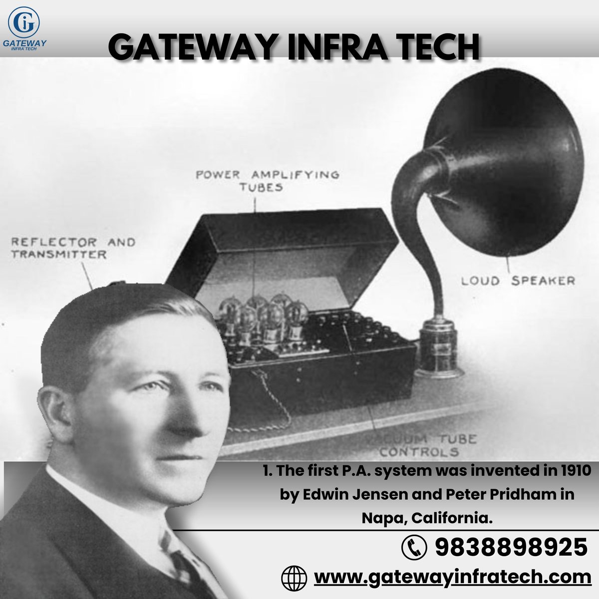 TechInfra95840's tweet image. 🔊 Did you know? The first P.A. system was invented in 1910 by Edwin Jensen &amp;amp; Peter Pridham in Napa, California!  

At **Gateway Infra Tech**, we bring cutting-edge P.A. systems, CCTV, fire alarms, home security &amp;amp; more.

#PASystems #SecuritySolutions #GatewayInfraTech #Prayagraj