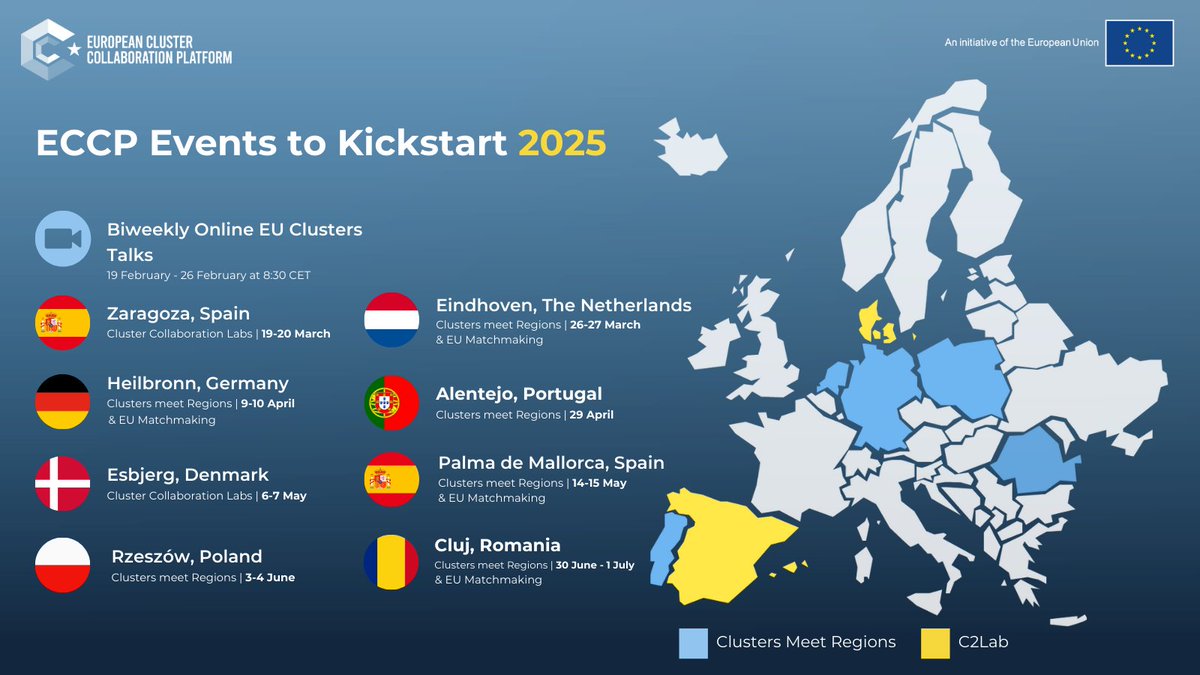 🌍Set up international collaborations, contribute to regional development, and launch your next project with #ECCP events this year!

Register now for:
🇪🇸#C2Lab in Zaragoza - focus on AI
🇳🇱#ClustersMeetRegions &amp; #ECCPMatchmaking in Eindhoven
 
More👇
clustercollaboration.eu/events?f%5B0%5…