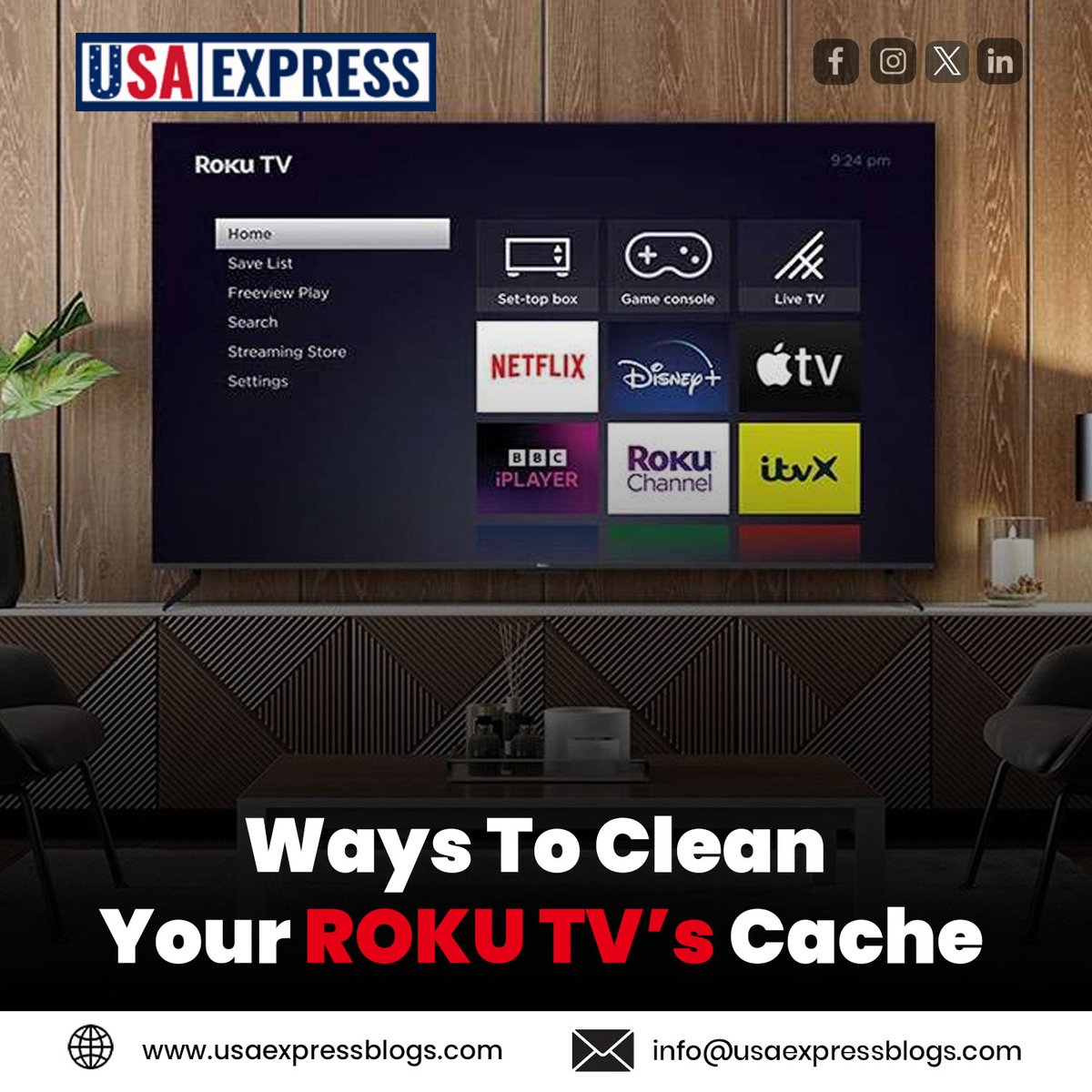 usaexpress2024's tweet image. WAYS TO CLEAR YOUR ROKU TV’S CACHE.

Link : usaexpressblogs.com

#RokuTV #ClearCache #StreamingTips #TechHacks #RokuGuide #TVPerformance #FasterStreaming #TechTips #SmartTV #OptimizeRoku #RokuSupport #StreamingSmoothly #FixBuffering #TechSolutions #EnhancePerformance