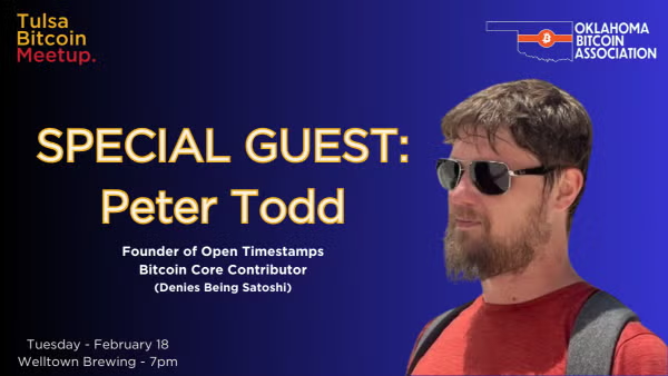 The Tulsa Bitcoin Meetup <a href="/tulsabtc/">Tulsa Bitcoin Meetup</a> has special guest <a href="/peterktodd/">Peter Todd</a> coming through town for our regularly scheduled meetup next Tuesday!

Same time, same place
<a href="/oklahomabtc/">Oklahoma Bitcoin Association</a> for info 👈