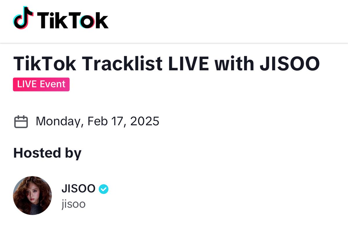 #JISOO to hold a live on TikTok on February 17 at 8PM KST. vt.tiktok.com/ZSM8cUgb5/
