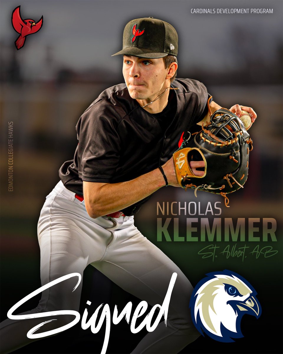 Cardinals Development Program (@cardinalsdev) on Twitter photo Onto <a href="/ECHawksBaseball/">Edmonton Collegiate Hawks</a>! ✍️
LHP / 1B Nicholas Klemmer signs with the Edmonton Collegiate Hawks of the <a href="/CCBaseballConf/">Canadian College Baseball Conference (CCBC)</a>.
Congrats #KlemDaddy, they are getting a stud! 👊
#TheDEV | #STAFly Onto <a href="/ECHawksBaseball/">Edmonton Collegiate Hawks</a>! ✍️
LHP / 1B Nicholas Klemmer signs with the Edmonton Collegiate Hawks of the <a href="/CCBaseballConf/">Canadian College Baseball Conference (CCBC)</a>.
Congrats #KlemDaddy, they are getting a stud! 👊
#TheDEV | #STAFly