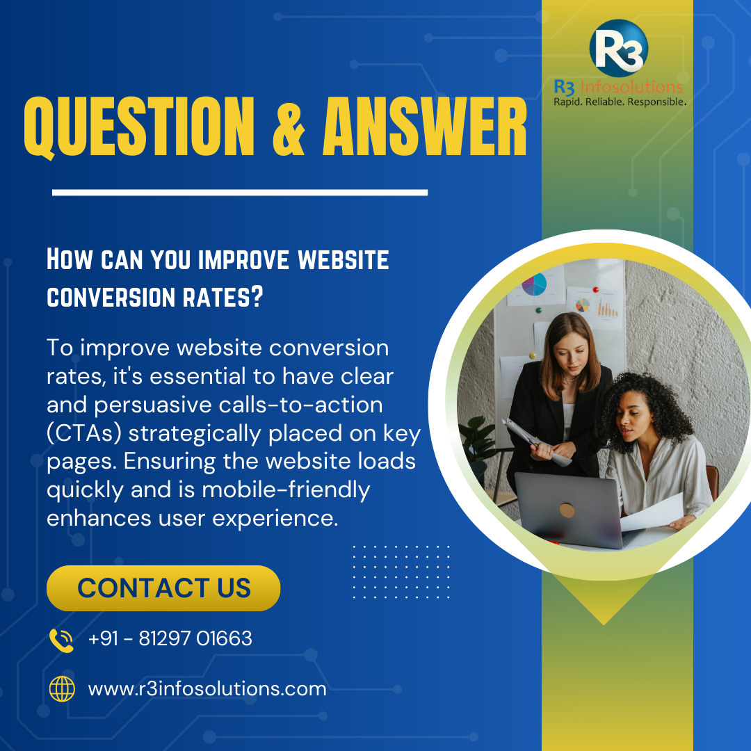 R3InfoSolutions's tweet photo. "Unlock higher website conversions! 🚀 

R3 Infosolutions shares expert tips on CTAs, mobile optimization, and user experience. Contact us to transform your website!

#WebsiteConversion #R3Infosolutions #WebDesignTips" https://t.co/yjjw5BkyR7