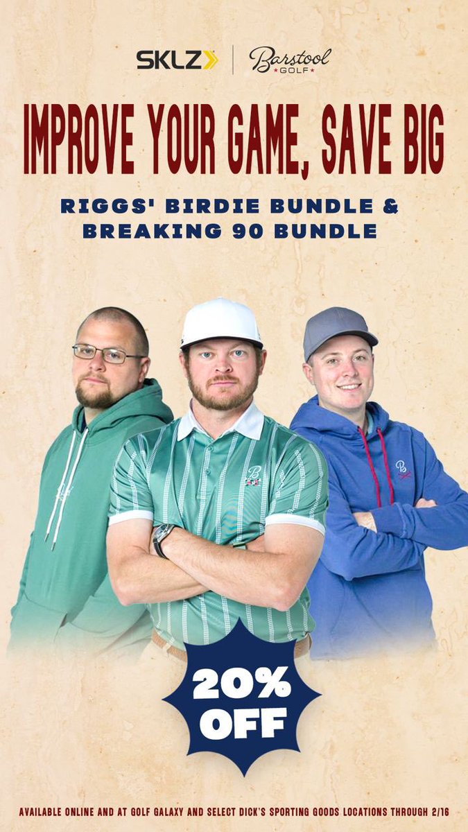 BarstoolElon's tweet image. Improve your game. Save big. 

The Barstool Golf x @SKLZ Breaking 90 Bundle and Riggs' Birdie Bundle are 20% off for a limited time only online and at Golf Galaxy and select Dick's Sporting Goods locations through 2/16.