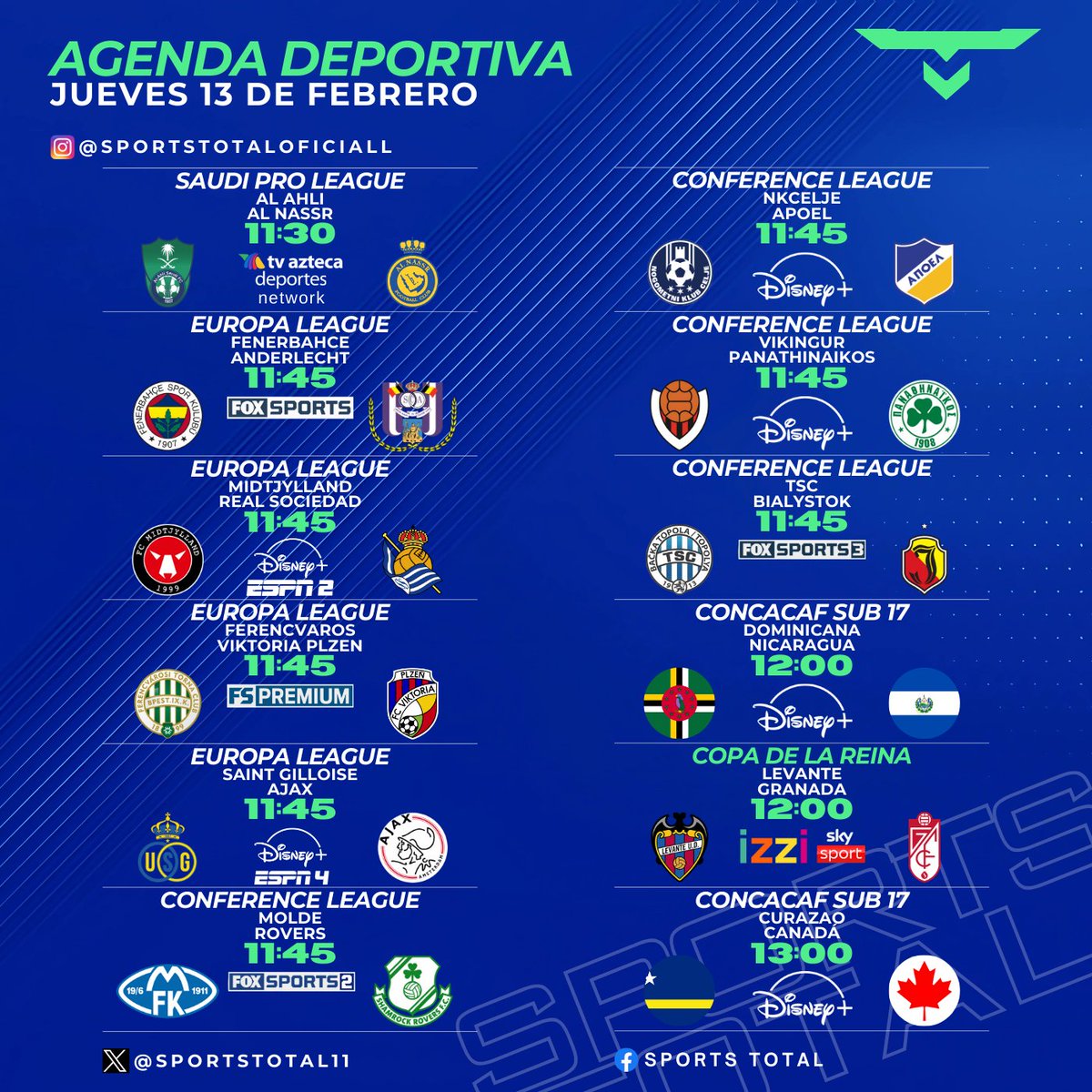 SportsTOTAL11's tweet photo. Esto es lo que tendremos en la agenda del día de este #Jueves
.
#SportsTotal #LaCasaDelFutbol #AgendaFutbolera #LigaBBVAMX
#TransmisionEnVivo #AgendaDeportiva #NFL #AgendaFutbolistica https://t.co/vtKxytTuoD