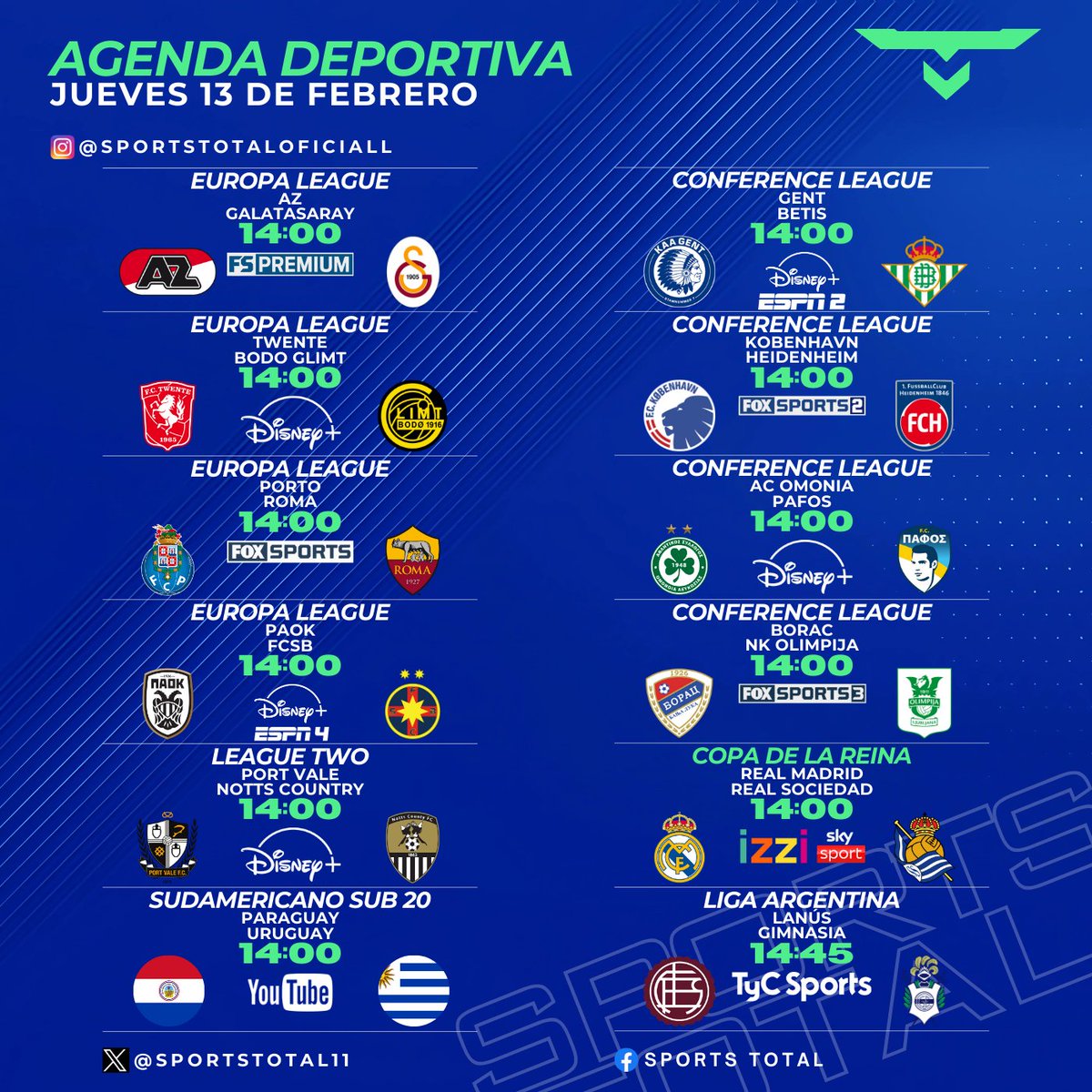 SportsTOTAL11's tweet photo. Esto es lo que tendremos en la agenda del día de este #Jueves
.
#SportsTotal #LaCasaDelFutbol #AgendaFutbolera #LigaBBVAMX
#TransmisionEnVivo #AgendaDeportiva #NFL #AgendaFutbolistica https://t.co/vtKxytTuoD