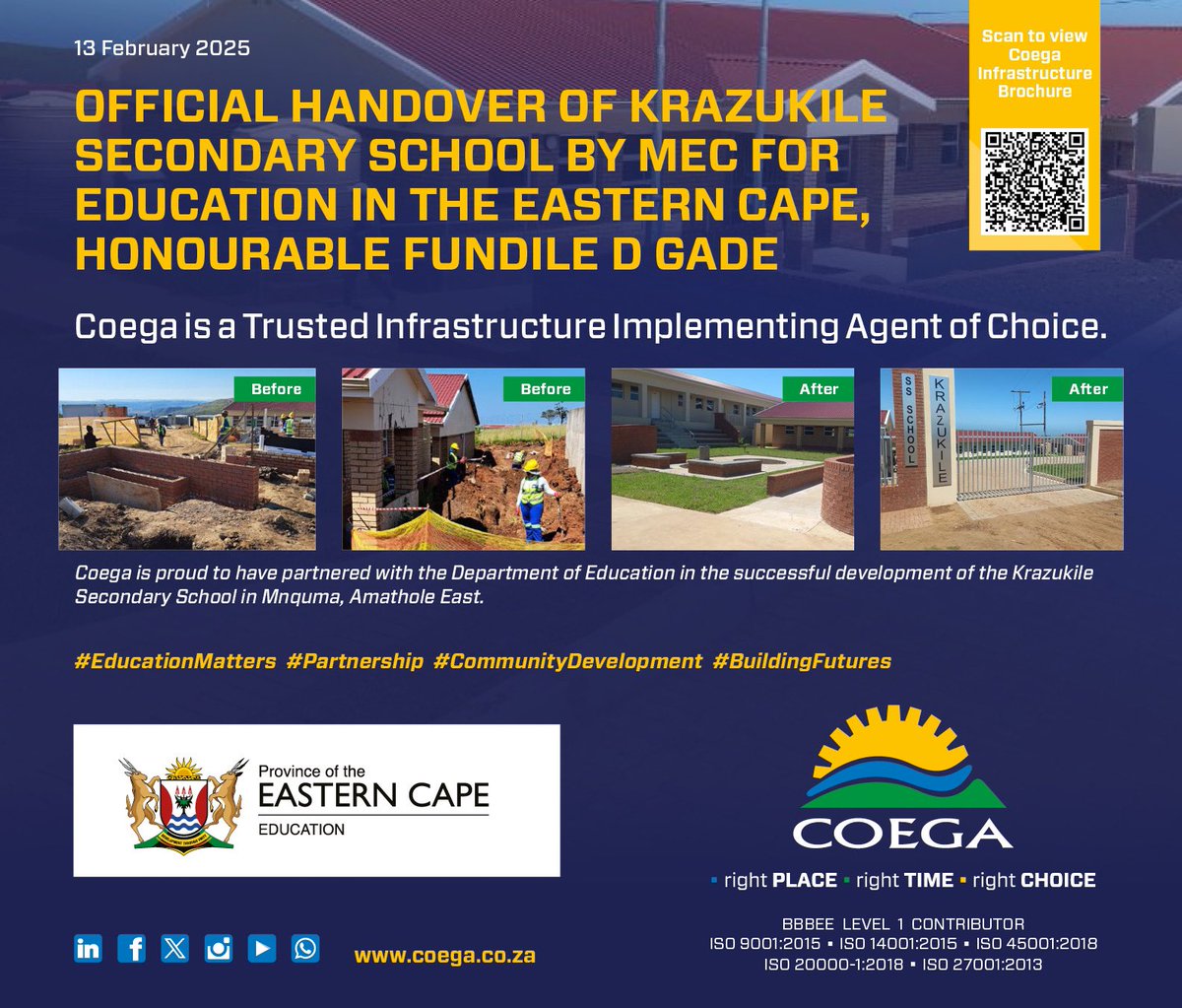 coegadevcorp's tweet image. Today, we join the EC Department of Education MEC, Hon. Fundile Gade, for the handover of the R67,7m Krazukile Secondary School, Kentani. 

The modern facility will help provide learners with resources they need to succeed.

#EducationMatters #Coega #ImplementingAgent @ECDOEZA