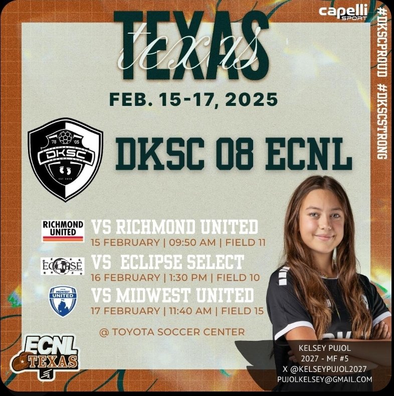 Kelsey Pujol (@kelseypujol2027) on Twitter photo Excited for ECNL Texas!!! Hope yall make it to Dallas to see us play! 🐮🤠
<a href="/ImYouthSoccer/">ECNL/GA/Recruiting/College Soccer</a> <a href="/dksc_08_ECNL/">DKSC 07/08g ECNL</a> <a href="/JorgeHervert8/">Jorge Hervert</a> <a href="/CollegeSoccerID/">College Soccer ID</a> <a href="/PrepSoccerTX/">Prep Soccer Texas</a> <a href="/ECNLgirls/">ECNL Girls</a> Excited for ECNL Texas!!! Hope yall make it to Dallas to see us play! 🐮🤠
<a href="/ImYouthSoccer/">ECNL/GA/Recruiting/College Soccer</a> <a href="/dksc_08_ECNL/">DKSC 07/08g ECNL</a> <a href="/JorgeHervert8/">Jorge Hervert</a> <a href="/CollegeSoccerID/">College Soccer ID</a> <a href="/PrepSoccerTX/">Prep Soccer Texas</a> <a href="/ECNLgirls/">ECNL Girls</a>