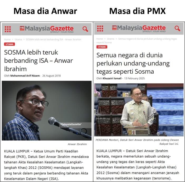 NaratifRakyat's tweet photo. MASA DIA ANWAR:
- Najib zalim, SOSMA lagi teruk berbanding ISA. Mansuh SOSMA!

MASA DIA PMX:
- semua negara di dunia perlukan undang-undang tegas seperti SOSMA https://t.co/IyBNyxNCo0