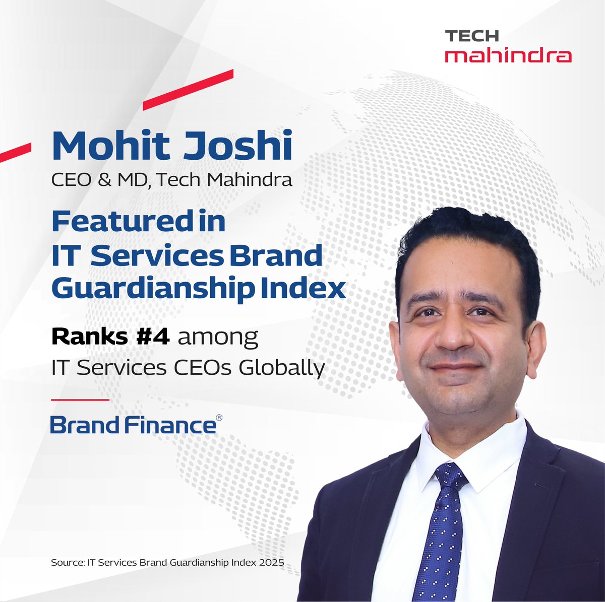 Tech Mahindra (@tech_mahindra) on Twitter photo We are proud to share that <a href="/mohitjoshi74/">Mohit Joshi</a>, CEO & MD, @Tech_Mahindra, has been featured in the IT Services Brand Guardianship Index by <a href="/BrandFinance/">Brand Finance</a>. He has secured the fourth position globally among IT Services Brand Guardians.
The Index evaluates the efficacy of #CEOs in We are proud to share that <a href="/mohitjoshi74/">Mohit Joshi</a>, CEO & MD, @Tech_Mahindra, has been featured in the IT Services Brand Guardianship Index by <a href="/BrandFinance/">Brand Finance</a>. He has secured the fourth position globally among IT Services Brand Guardians.
The Index evaluates the efficacy of #CEOs in