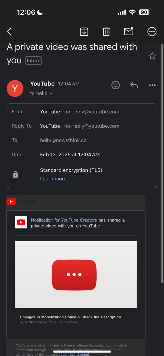 Newsthink (@newsthink) on Twitter photo Hackers are getting more sophisticated.
Just got this email from a seemingly authentic account: no-reply@youtube.com <a href="/TeamYouTube/">TeamYouTube</a> Hackers are getting more sophisticated.
Just got this email from a seemingly authentic account: no-reply@youtube.com <a href="/TeamYouTube/">TeamYouTube</a>